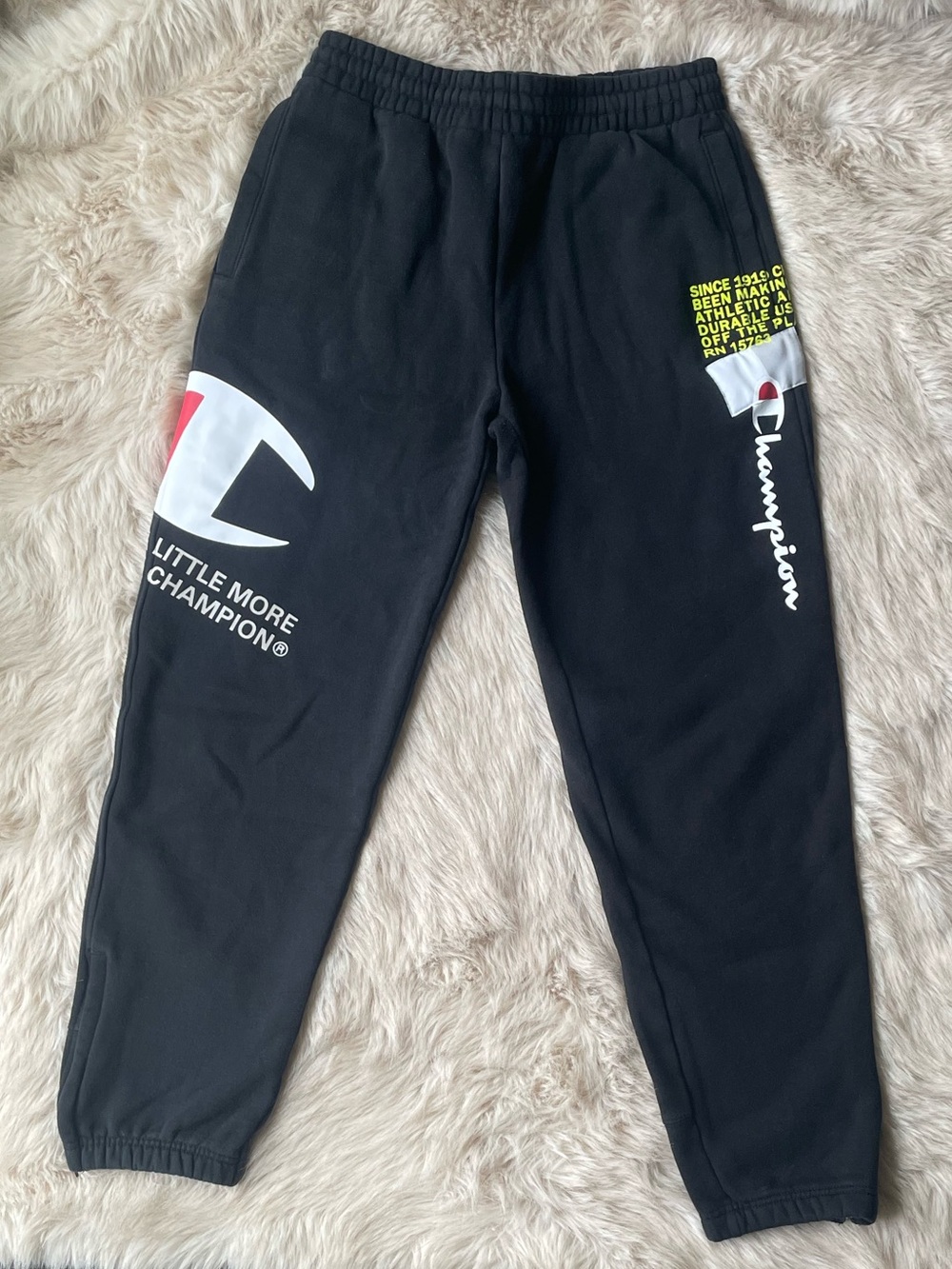 Champion Black Graphic Logo Patch Sweatpants Side Zippers
